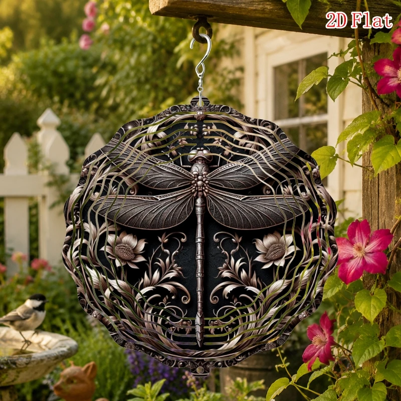 2D Flat Metal Elegant Gemstone- Inspired Pattern Metal 3D Rotating Wind Chime with , Outdoor Garden And Patio Decoration