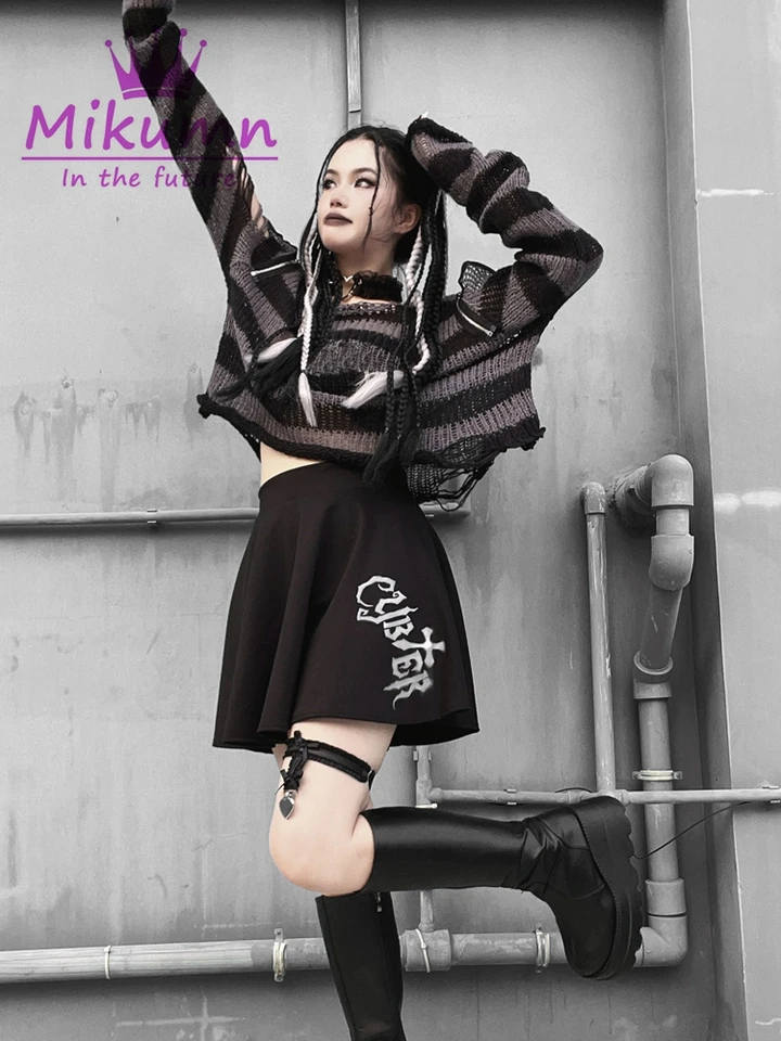 Harajuku Y2k Punk Rock Zipper Sexy Off Shoulder Sweaters Women