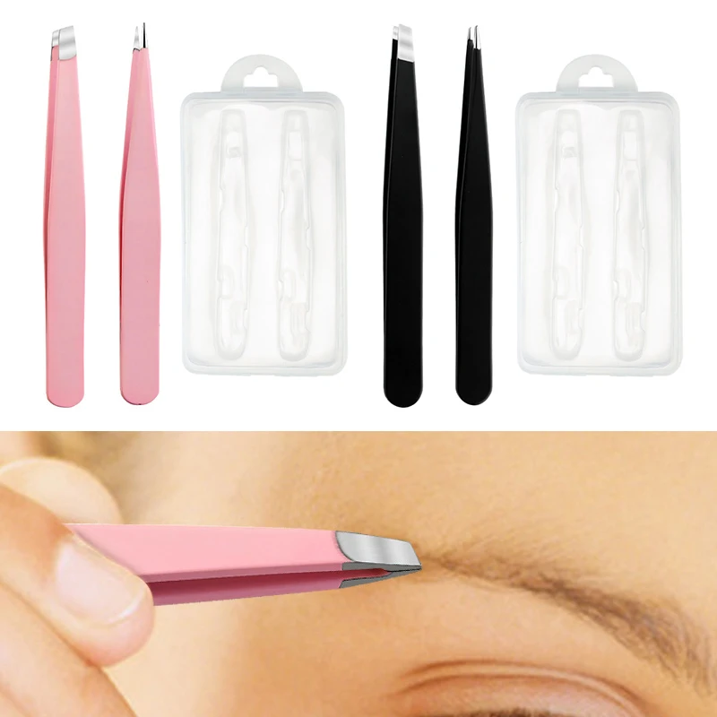 2 ชิ้นคุณภาพสูง Eyebrow Tweezer ผมความงาม Fine ขน Puller สแตนเลส Slant/Tip Brow คลิปคุดกําจัดขน