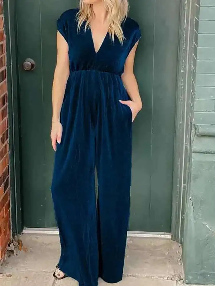 

Deep V-Neck Fashion Solid Bodysuits, Women Spring Summer Loungewear Sleeveless Jumpsuits, Wide Leg Pants Simple Ladies Playsuits