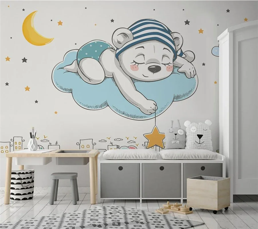 

Custom wallpapers 3d hand-painted hand-drawn cute rabbit mural cartoon fantasy crescent star bear children's room wall paper