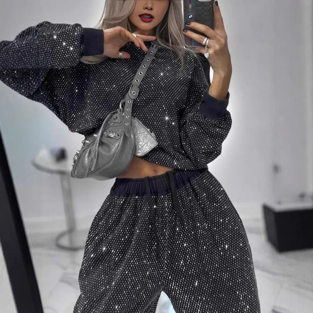 Spring Autumn Fashion Sequin Suit For Women 2025 Elegant O Neck Pullover Tops Lace Up Long Pant 2 Piece Set Lady Sports Suit