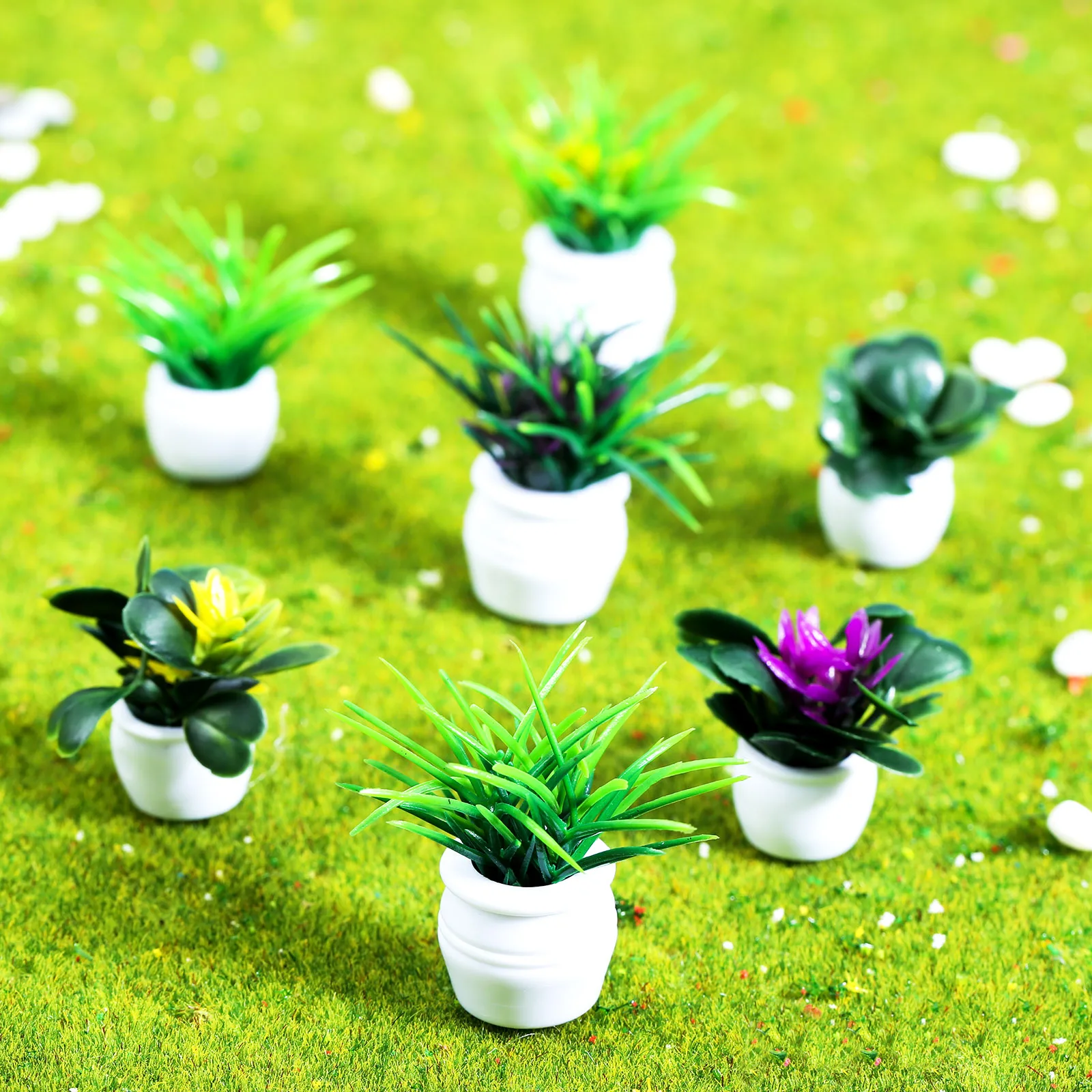 7Pcs/set 7 Styles Miniature Flower Pots HO O Scale Model Railway Dollhouse Diorama Aritificial Plants Landscape DIY Garden Decor