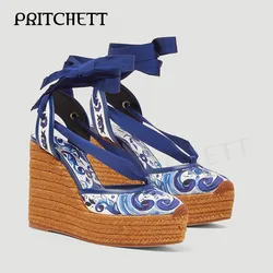 Damskie espadryle na koturnie z Paisley z okrągłym noskiem owijane na kostkę sznurowane buty damskie ozdobne wysokie obcasy we wzór Paisley