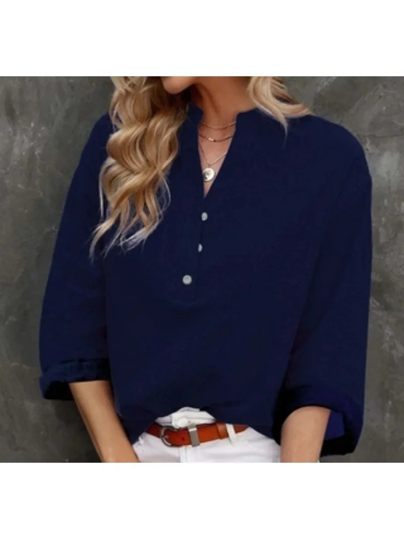 Spring and Summer Women\'s Plus Size Fashionable Navy Blue Top Solid Color Casual Fashion Pullover Multifunctional Elegant Shirt