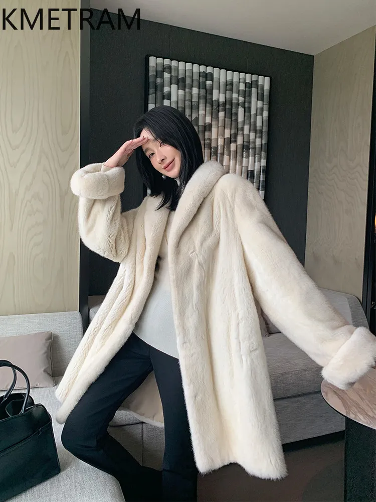 KMETRAM Natural Mink Fur Coats Women Luxury Roll-Up Cuffs Pearl White Long Fur Jacket Winter Real Fur Coat Woman Clothes 2026 여성