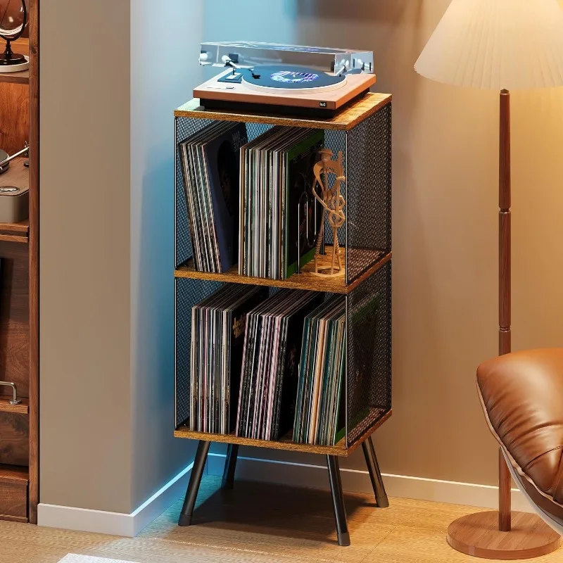 Vinyl Record Storage Rack 2-Tier with Adjustable Dividers - Retro Storage Box for Classical Music, Home Decor for Living Room