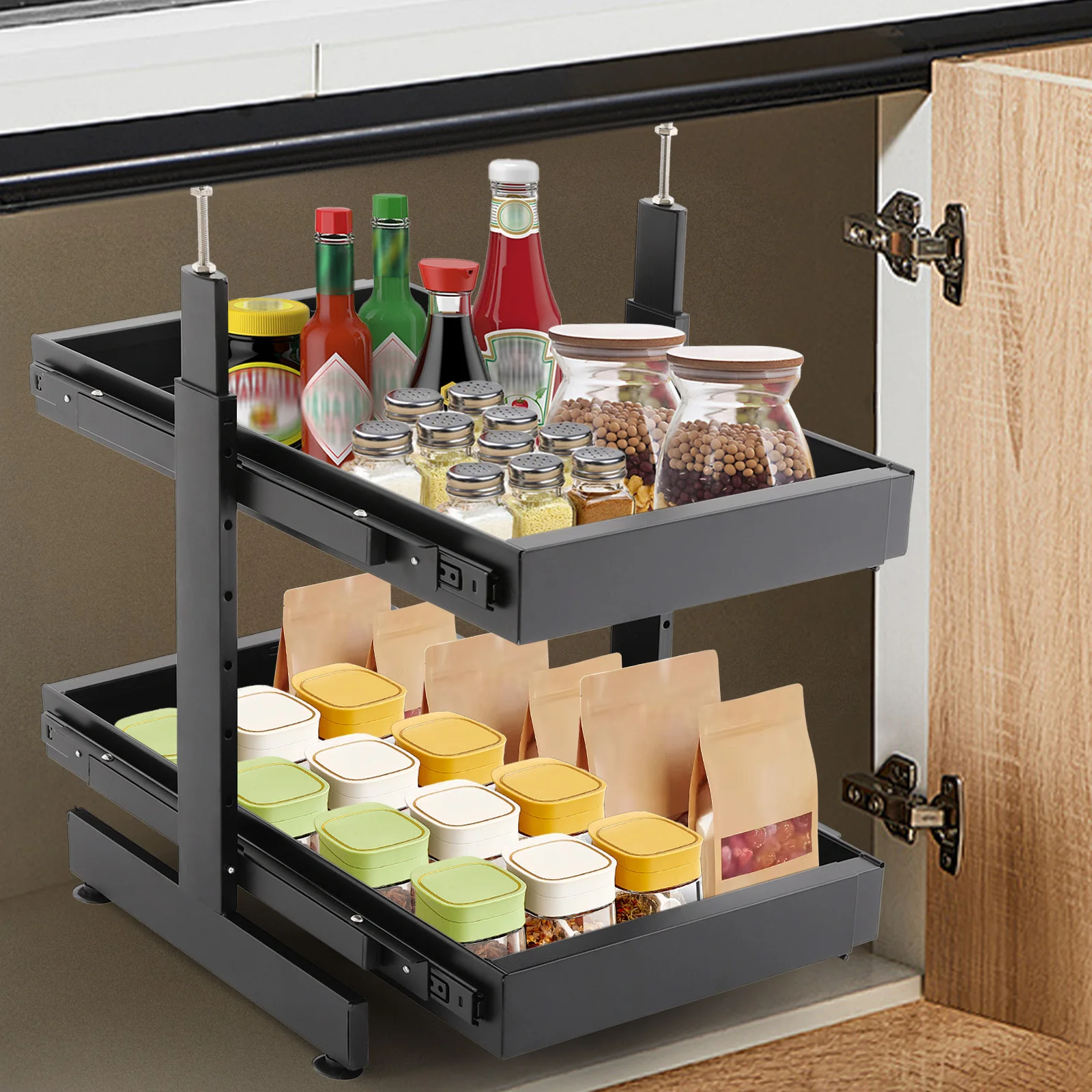 

2-Tier Pull Out Cabinet Organizer, Under Sink Adjustable Length 41-60cm & Height 47-90cm, Heavy Duty Carbon Steel Kitchen Storage Rack with Slide Rails for Pots Pans Spice Jars Plates, Black/White