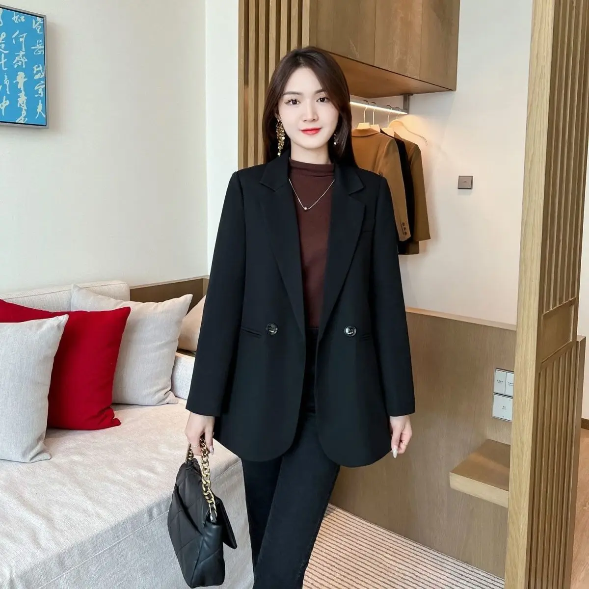 الملابس الكورية الشعبية نمط المال القديم امرأة السترة السوداء معطف سيدة نسخة أعلى العمل الخريف مخطط جيب الديكور مزدوج