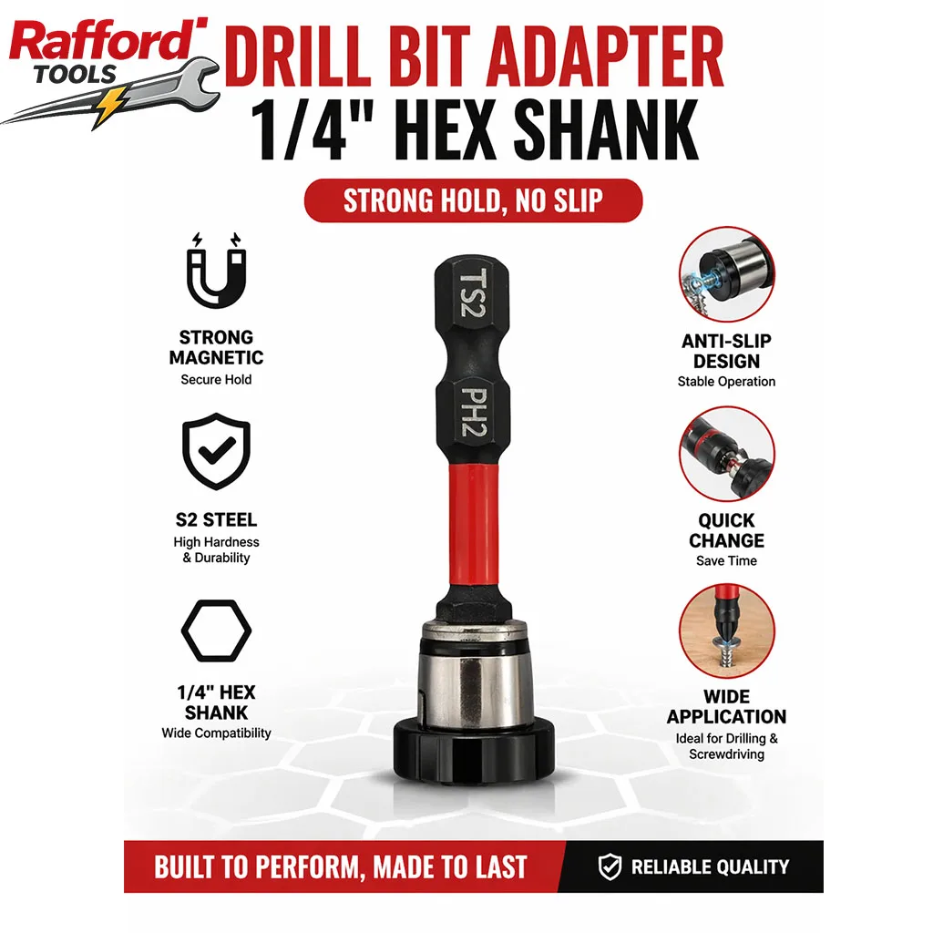 Rafford Magnetic Screw-Locating Bit Holder — 1/4-inch Hex Shank, PH2/TS2 Bits — Detachable & Adjustable