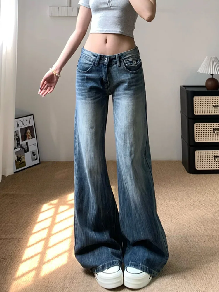 Retro American Washed Low Waist Distressed Denim Jeans Women's Loose Micro Flared Pants Autumn New Style Individuality