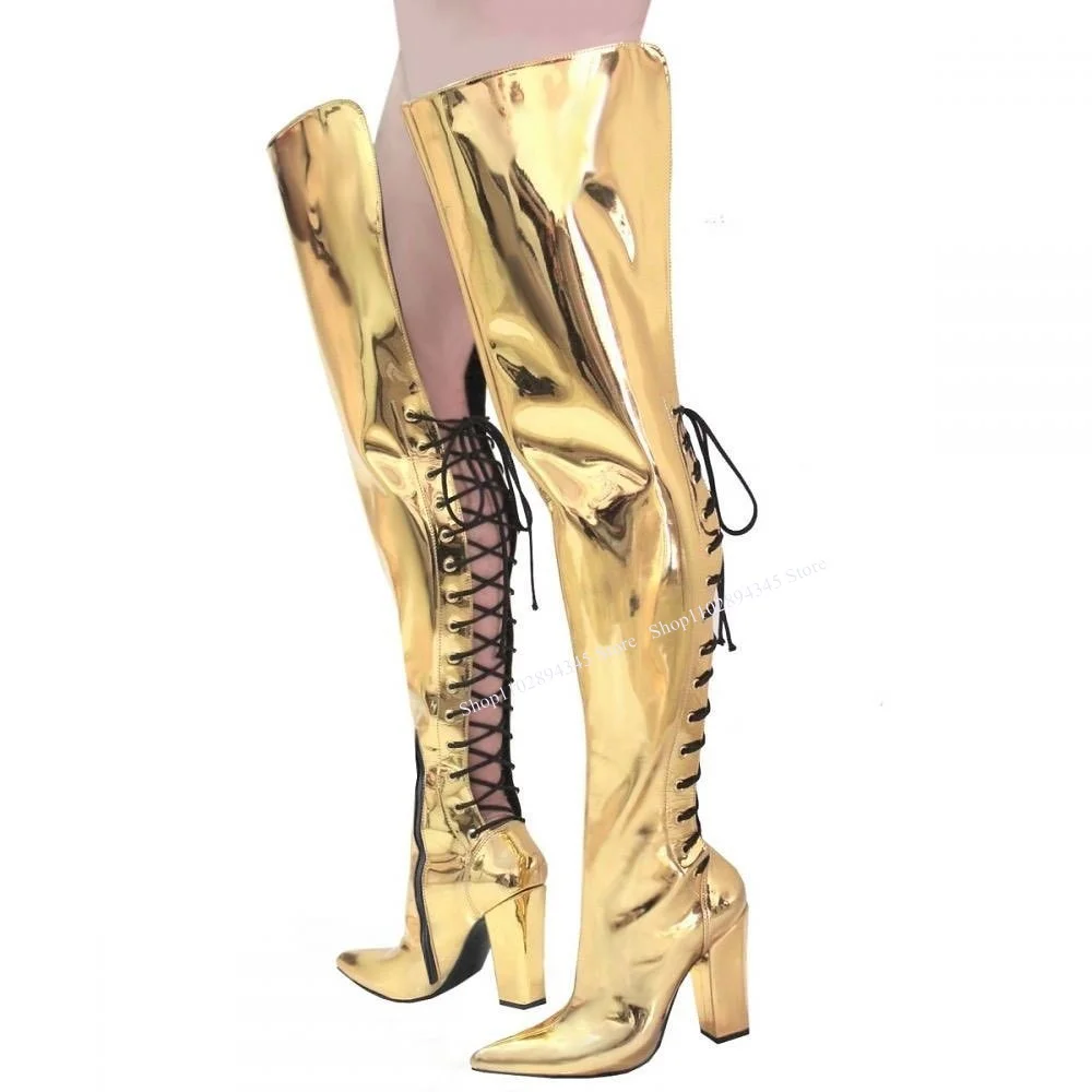 Purple Over Knee High Patent Leather Boots Chunky Heel Fashion Sexy 2023 Summer Casual Big Size Woman Shoes Zapatillas Mujer image 4