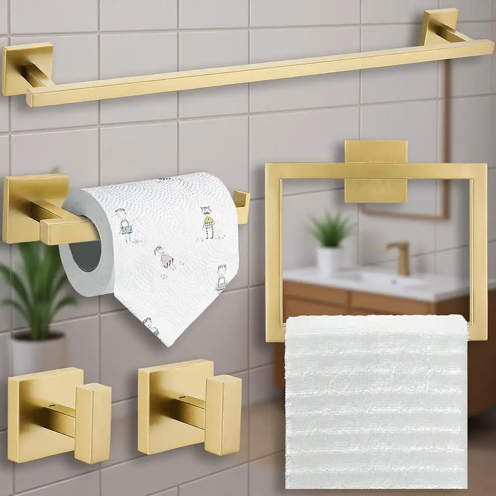 

Набор из 5 предметов для ванной комнаты из матовой золотистой нержавеющей стали, настенный держатель для полотенец, классический дизайн 23.6