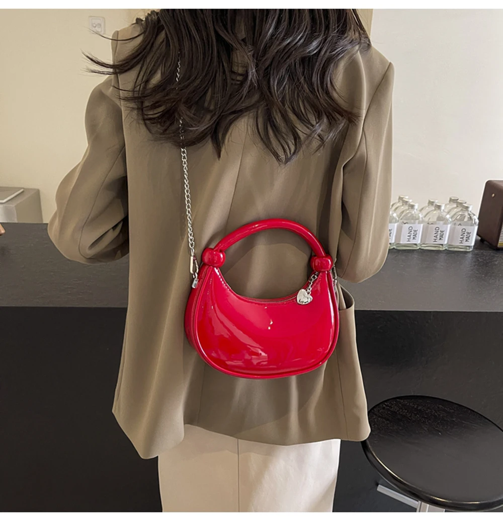 Red Patent Leather Handheld Bag For Women New Spring Autumn Chain Crossbody Bag Fashion Versatile Love Zipper Shoulder Small Bag