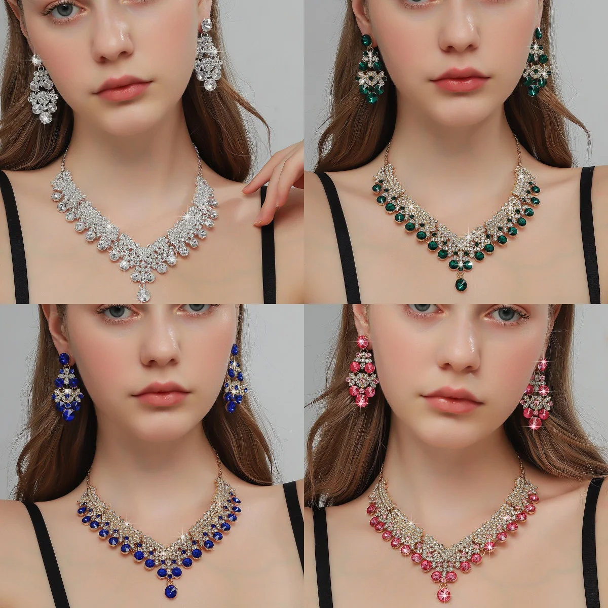 European and American cross-border water droplet diamond studded earring necklace, light luxury high-end jewelry set