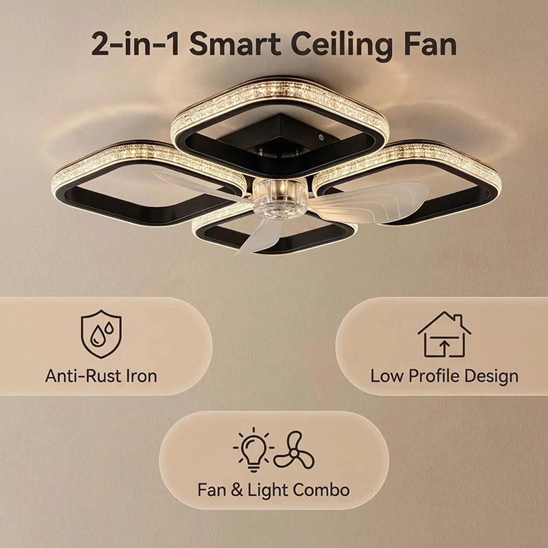 48W Ceiling Fan Light Iron Style Remote Control 3-Color Light Timer-controlled Converter Base Lighting Base Bedroom Living R