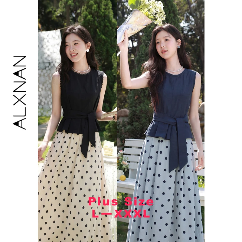 

ALXNAN Plus Size Blue Tank Tops Round Neck Lace Ruffle Hem Women's Tanks 2026 Elegant Holiday Sleeveless Tops with Belt D639107A