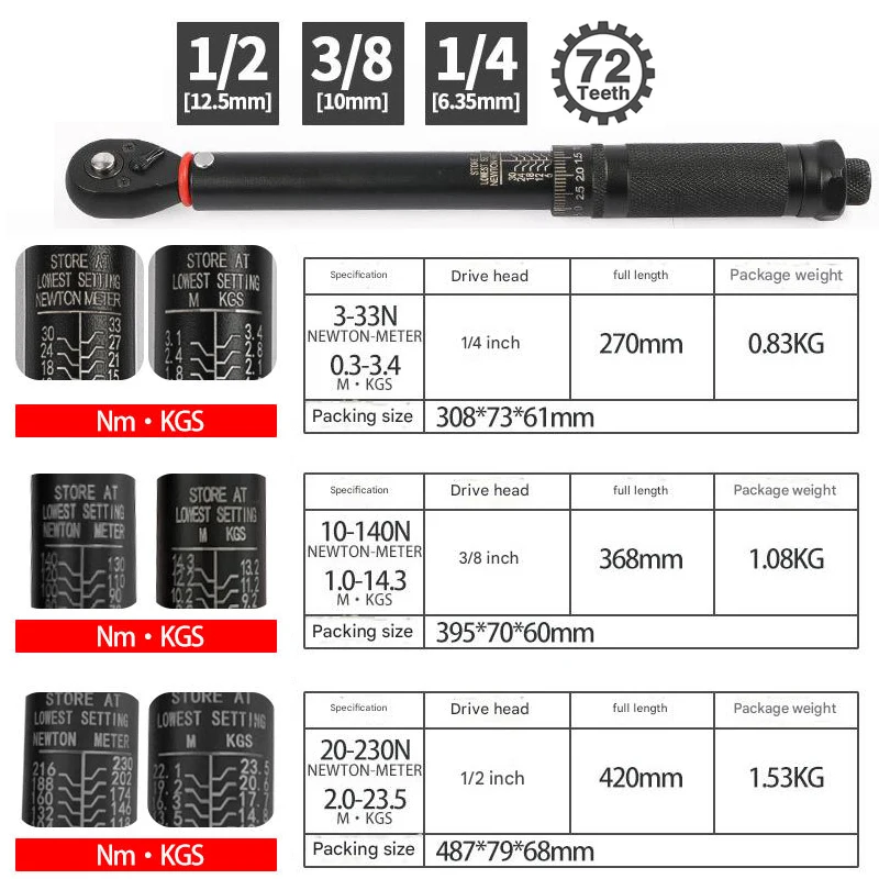 72T Torque Wrench 1/2'' 3/8'' 1/4'' Square Drive Preset Bicycle Torques Key Two-way Ratchet Car Bike Automotive Hand Tools image 6