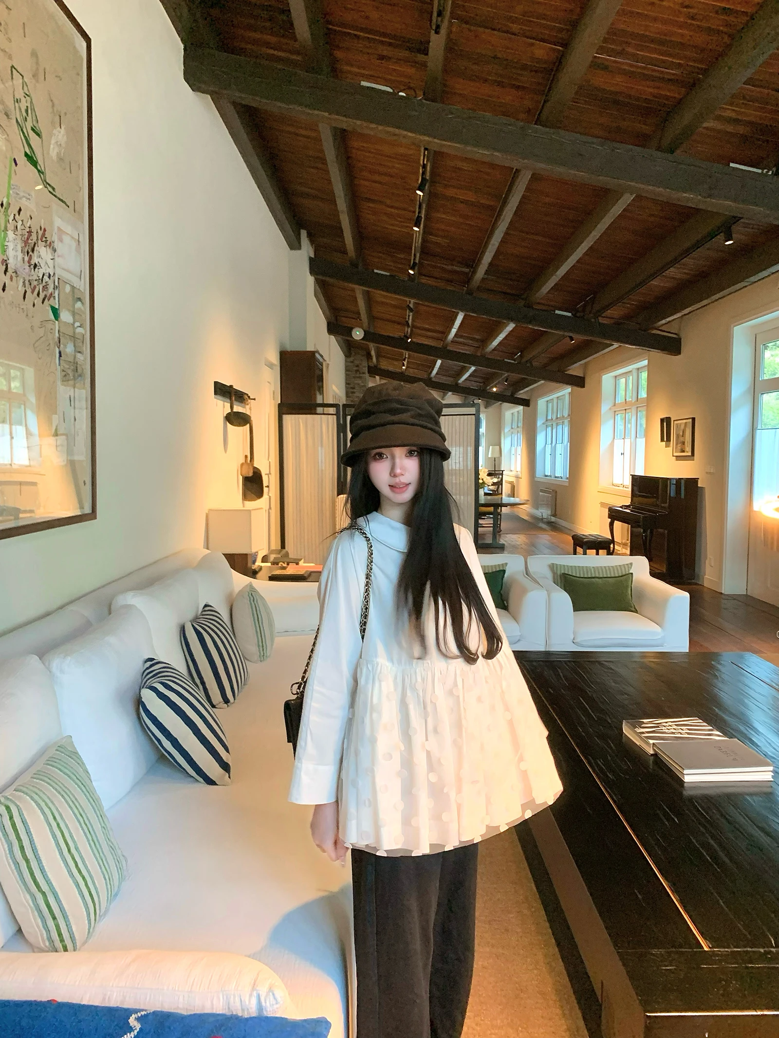 

Sweet Cotton Polka Dot Doll Collar Shirt Mesh Splice Breathable Skin-Friendly Long Sleeve Spring Summer Women's Fashion