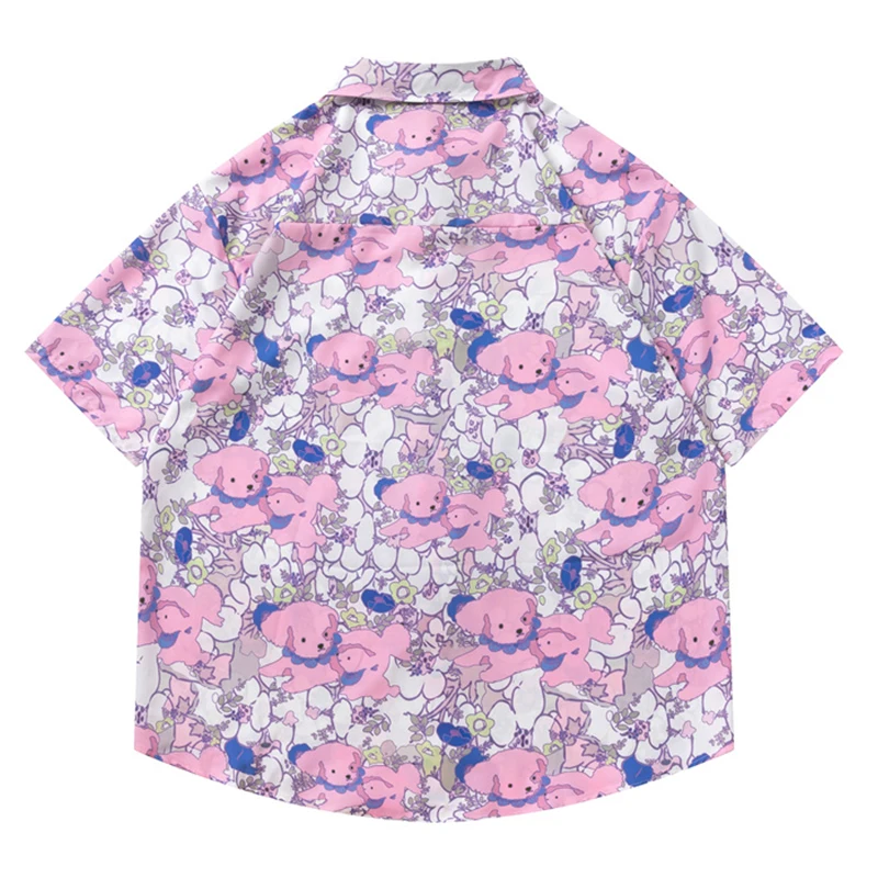 Dark Icon Pink Bear Printing Thin Material Holiday Beach Hawaiian Shirts Men Summer Short Sleeved Shirts for Man