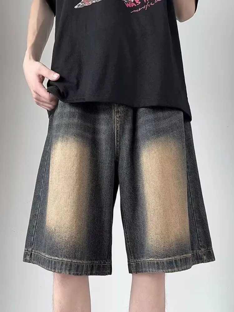 

Retro Waed Denim orts Men Summer Thin Loose Straight Leg Wide Leg Mid-Calf Trendy Casual Five-Point Pants Cotton Polyester