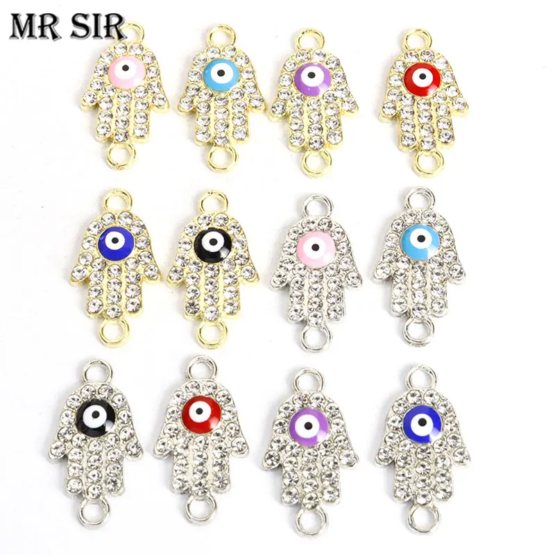 10pcs Hamsa Fatima Hand Blue Evil Eye Enamel Crystal Connectors Charm Pendants Bracelet Necklace Pendant Diy Jewelry Accessories