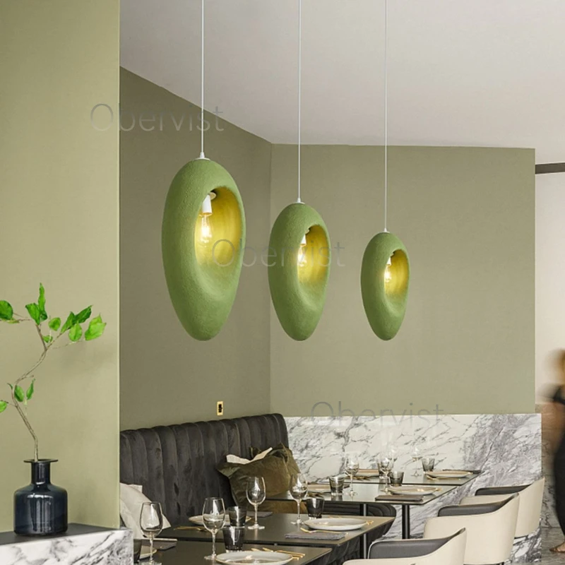 Nordic Fresh Green Bedroom Droplight Bedside Japanese Wabi Sabi Pendant Lamp Handmade Mango Shaped Restaurant E27 LED Chandelier