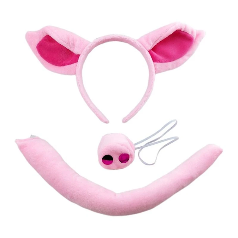 2024 New Pig Ears Headband Pig Nose Tail Pink Piggy Cosplay Props Animal Fancy Costume Accessories for Halloween Party