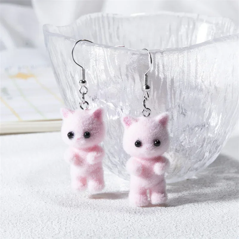 Cute Resin Flocked 3D Cat Earrings,Cartoon Animal Earrings,Holiday Party Gift