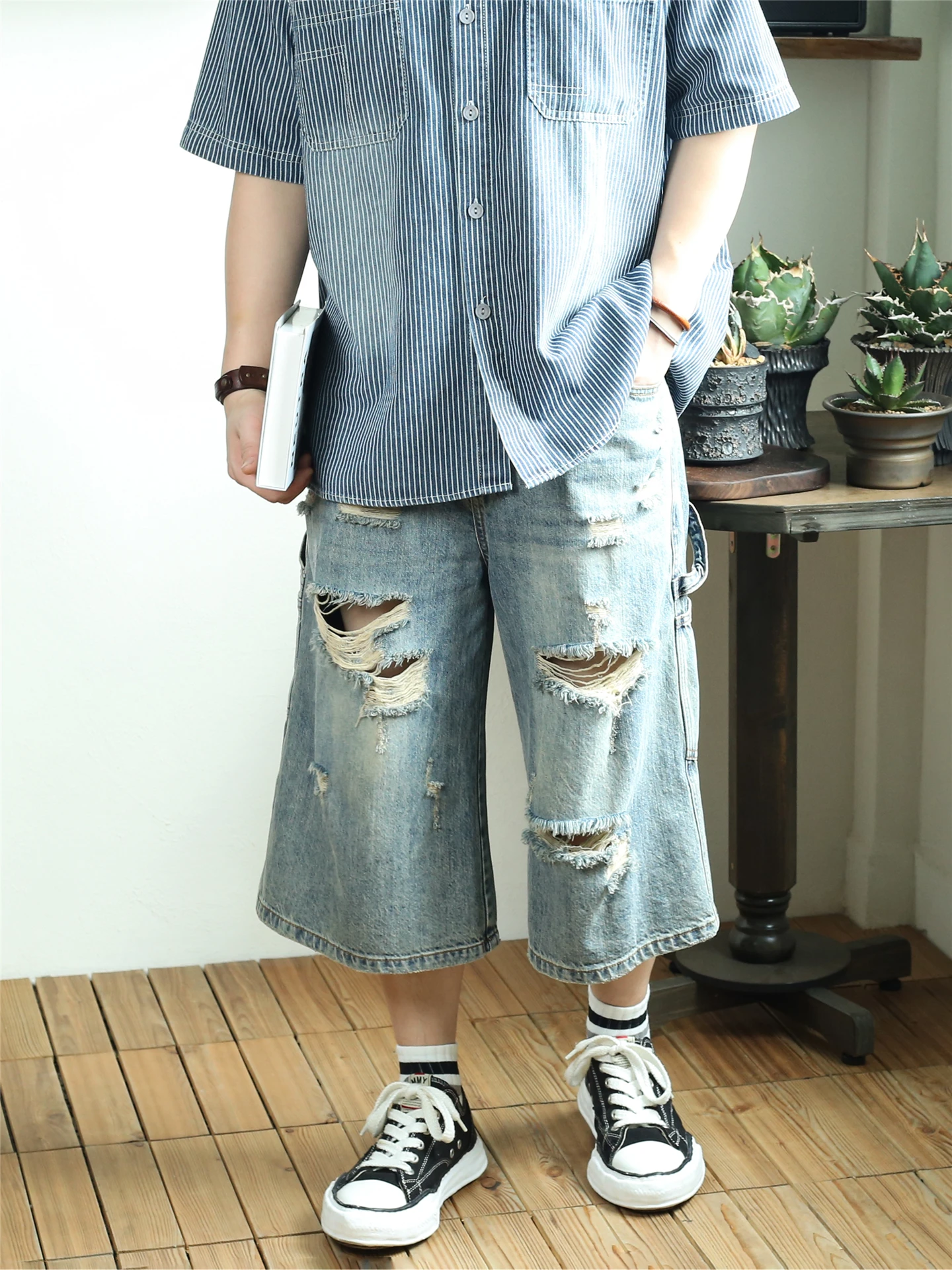 

Advanced American Sle Men Women Loose Straight Leg Jeans orts Tear Hole Design Breathable Casual Summer Blue Jeans