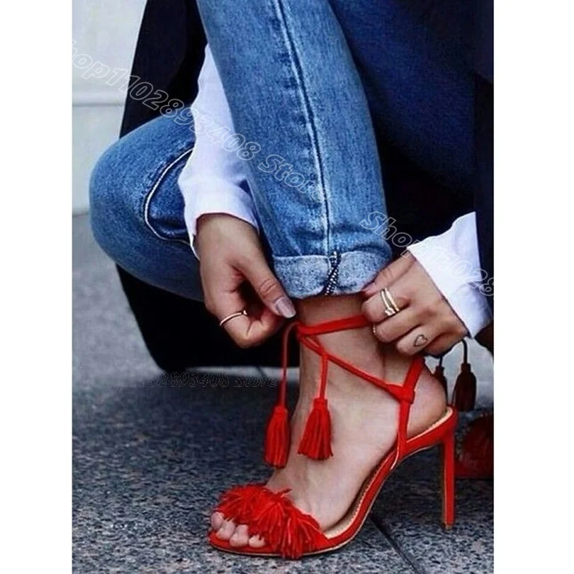 

Red Tassel Style Lace up Stiletto Sandals Open Toe Solid Bohemian Style Summer Dress Casual Women Shoes 2024 Zapatos Para Mujere