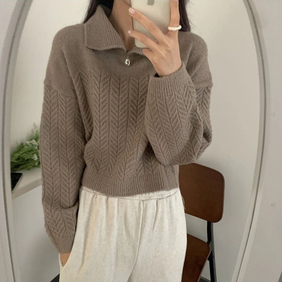 REALEFT Jesienno-zimowe grube swetry damskie z zamkiem błyskawicznym i wykładanym kołnierzem, nowość 2025, dzianinowe luźne pulowery z długim rękawem, damskie