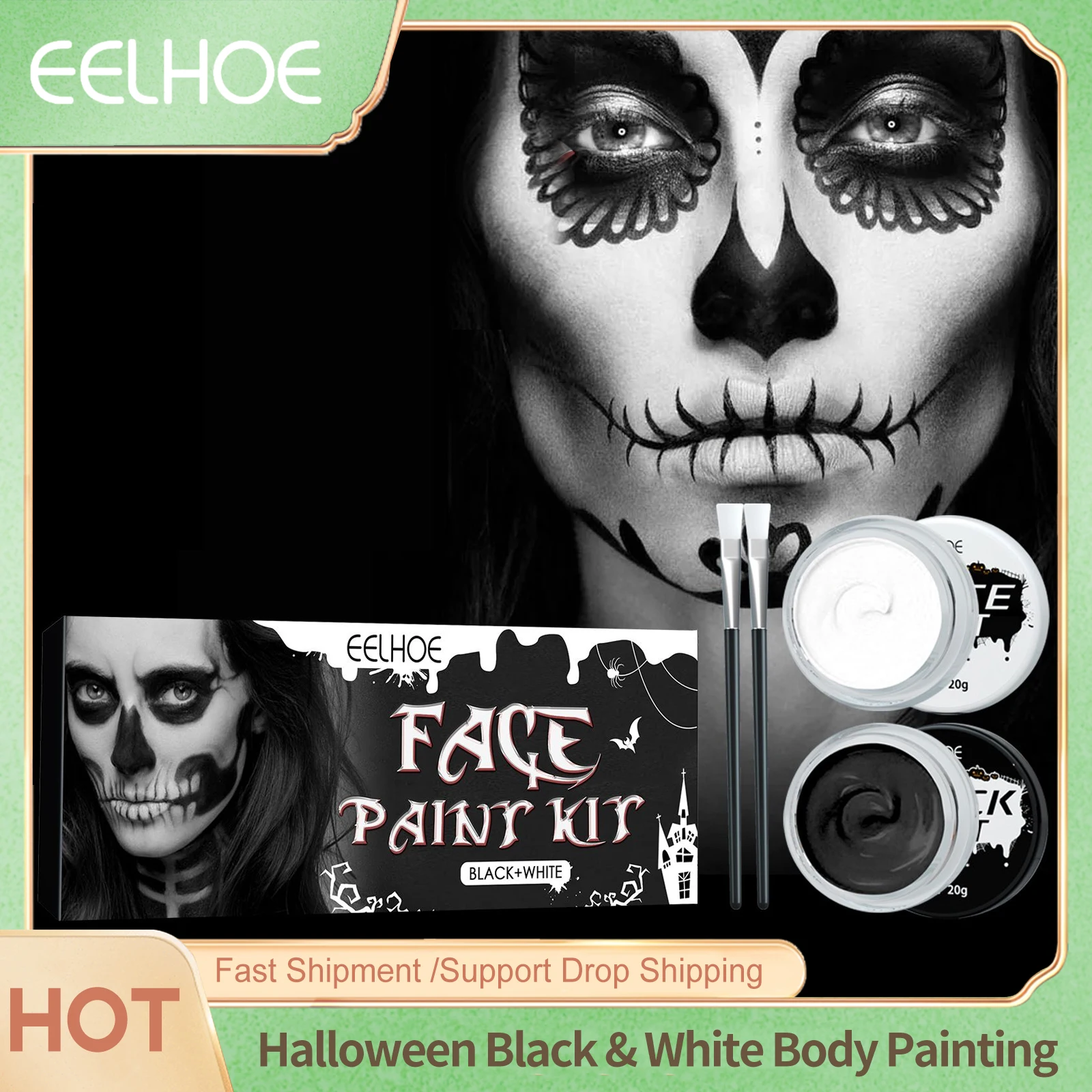 Eelhoe Halloween أسود أبيض مجموعة اللوحة حفلة عيد الميلاد تأثيري الفن مسرح الوشم لون مستحضرات التجميل الكبار الجسم طقم ماكياج أسود