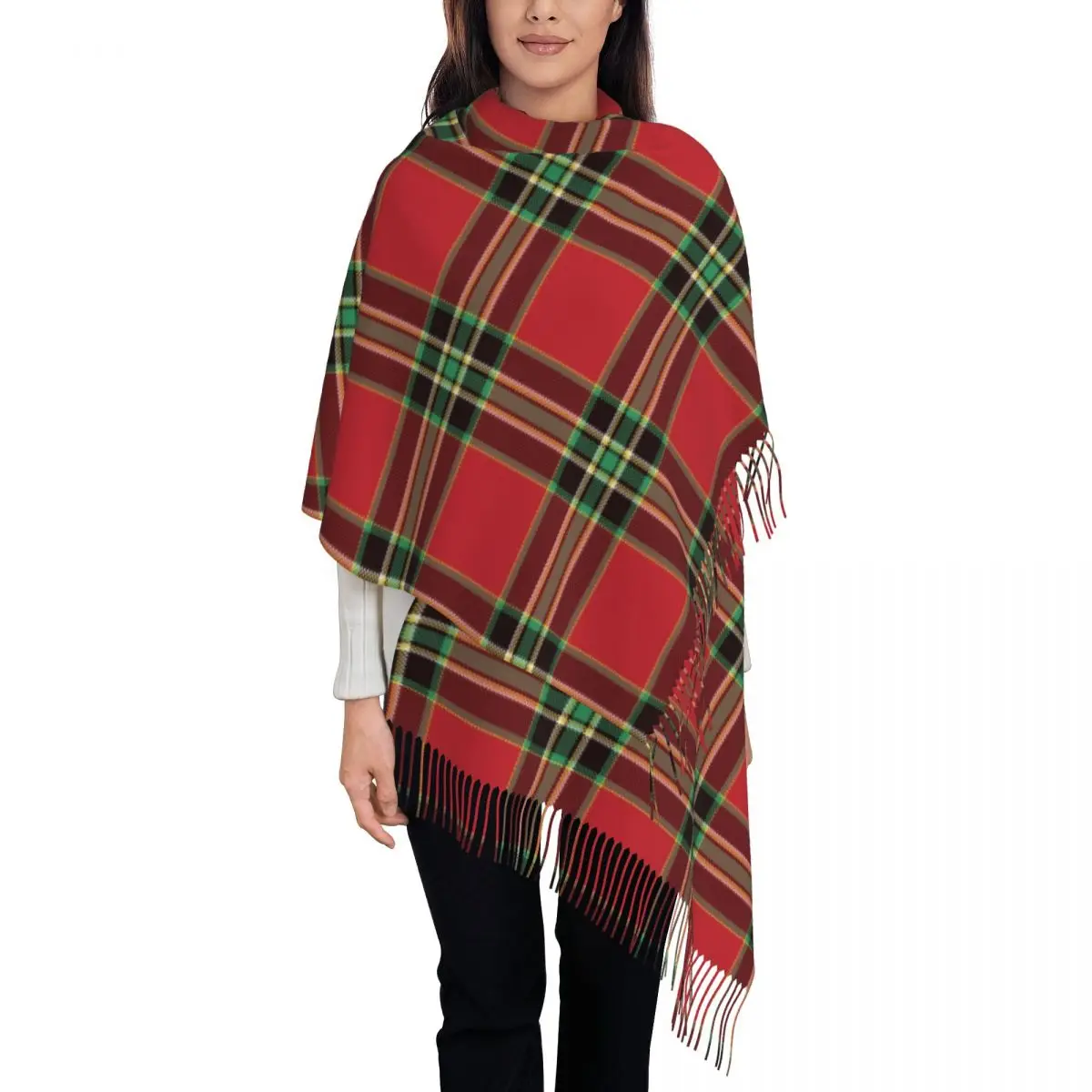 Christmas Tartan Plaid Shawl Wraps for Women Warm Large Long Scarf Christmas New Year Pashmina Tassel Scarves