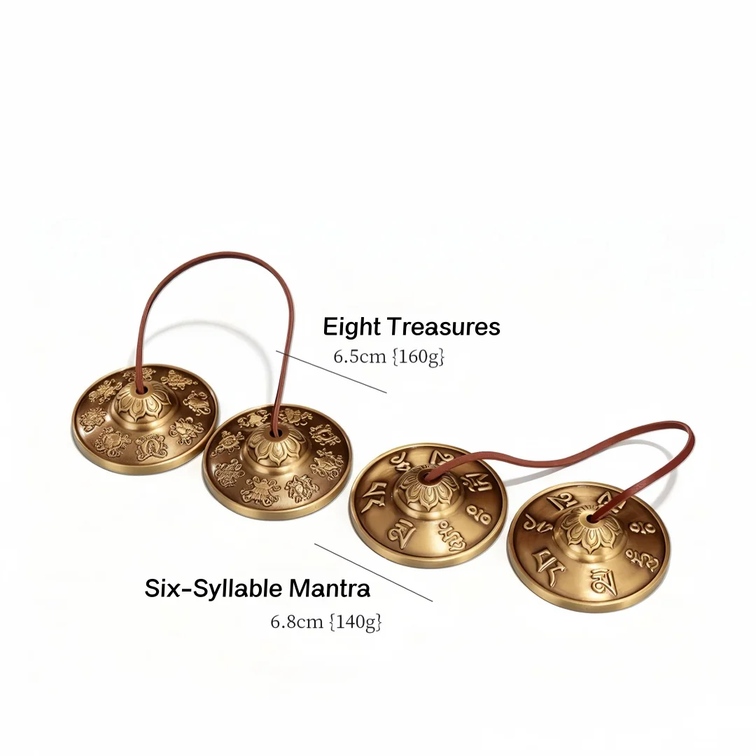 Nepal Handmade Tingsha Cymbals, Brass Six Character Mantra Eight Auspicious Symbols, Small Ritual Altar Ornament