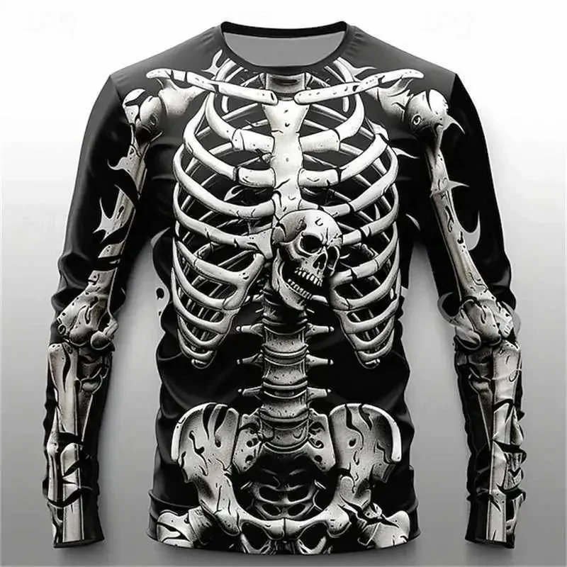 Men's 3D Full Body Skeleton Print Long Sleeve T-Shirt Gothic Human Bone Skull Graphic Crew Neck Top Halloween Horror Punk Casual