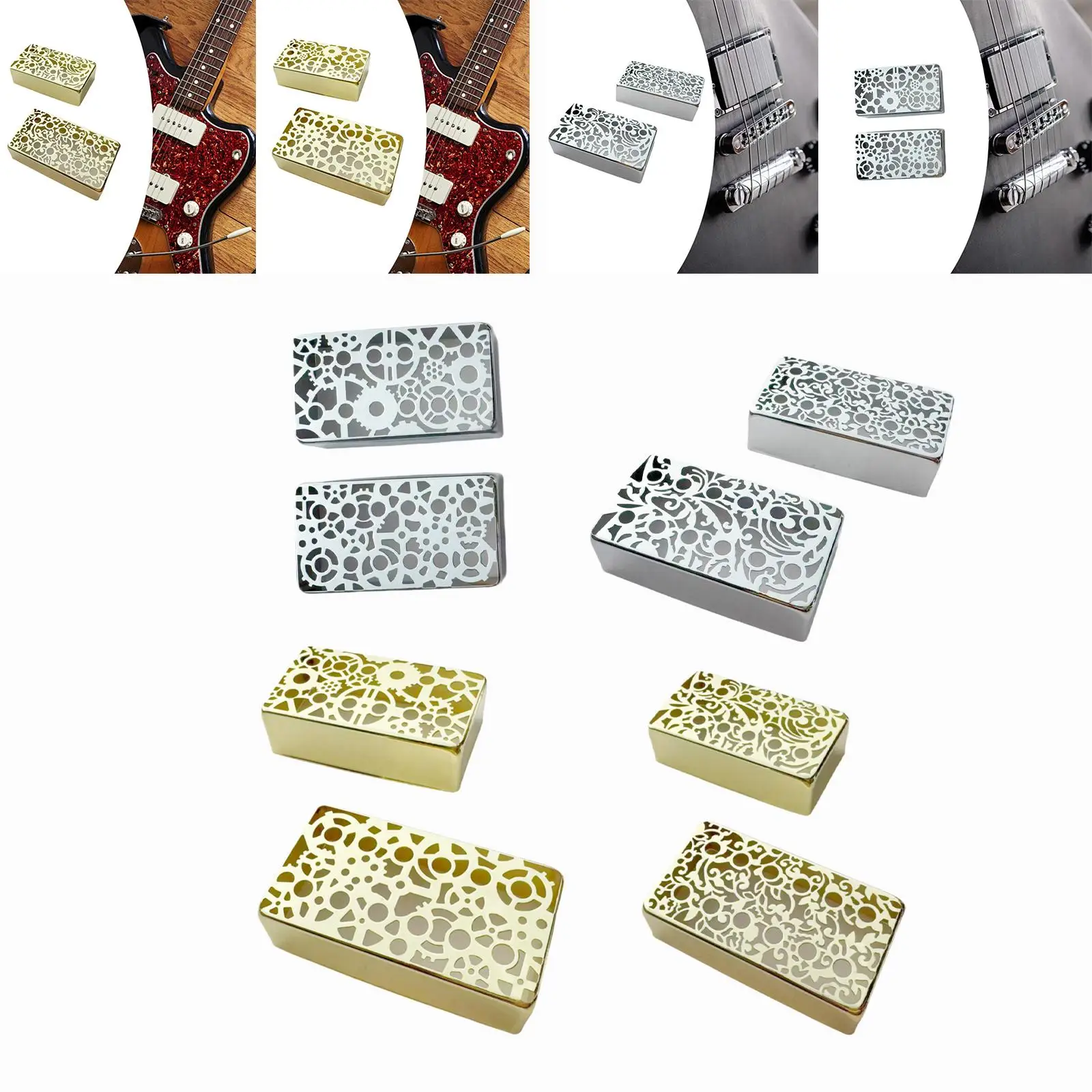 

2 шт., чехлы для звукоснимателей для гитары, 50 мм/52 мм, с гравировкой, полые узоры, профессиональный аксессуар, простота установки