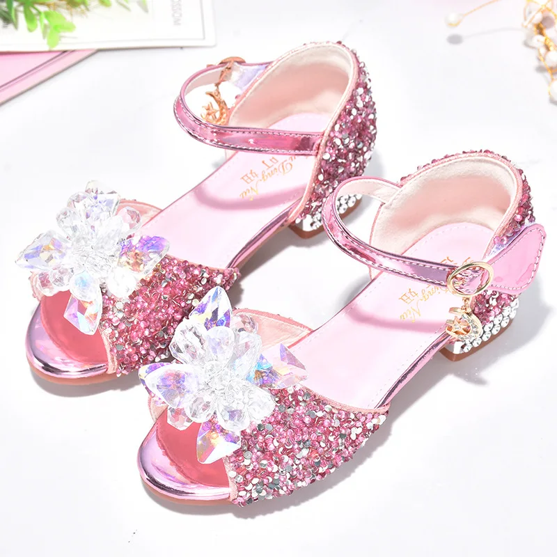 Sandalias con diamantes para niña, zapatos informales de princesa con flores, tacón alto, purpurina, suela suave, para fiesta y baile