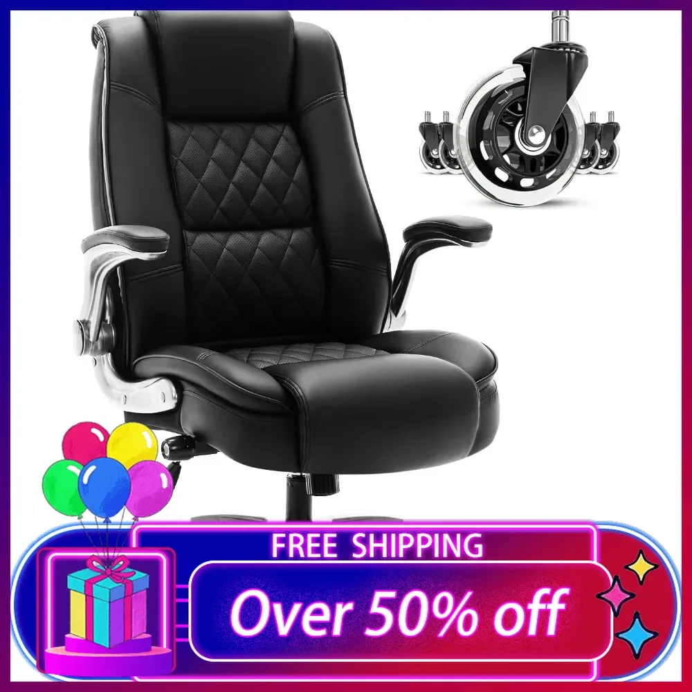 

High Back Office Chair- Flip Arms Adjustable Built-in Lumbar Support,Executive Computer Desk Chair Work Chairs,Strong Metal Base