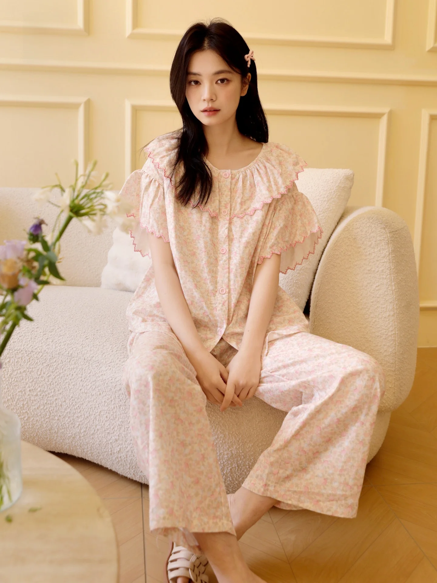 class-a-maternity-cotton-double-layer-muslin-short-sleeve-long-pants-home-clothes-embroidered-floral-print-home-comfortwear