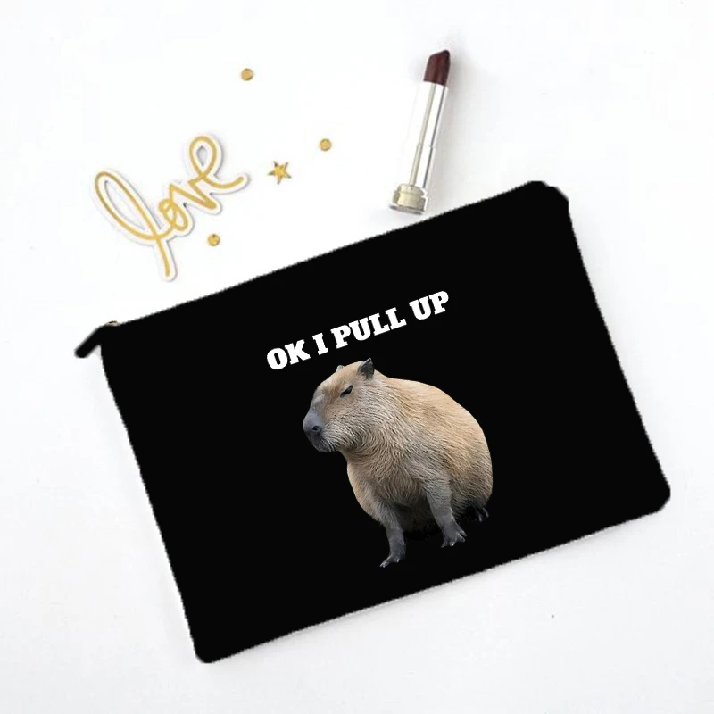 2023 Cute Capybara Black Canvas Zipper Makeup Bag Complete Kit Storage Make Up Organizer Pencil Case Professional Nail Case Gift