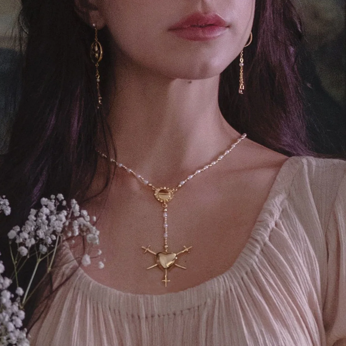 Gold Plated Copper Heart Cross Pendant Necklace Women\'s Faith Clavicle Chain Christianity Halloween Christmas Jewelry