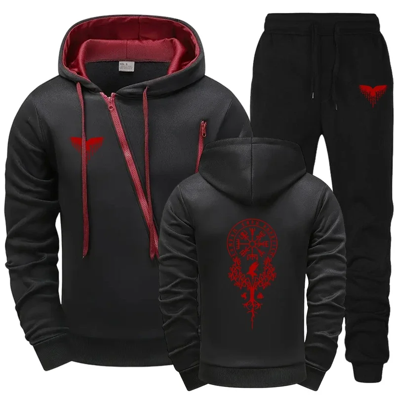 Raven Printed Mens Athletic Set Hooded Sweatshirt Pants Autumn Winter Sports Wear Casual Training Suit Motorcycle Zipper Jacket