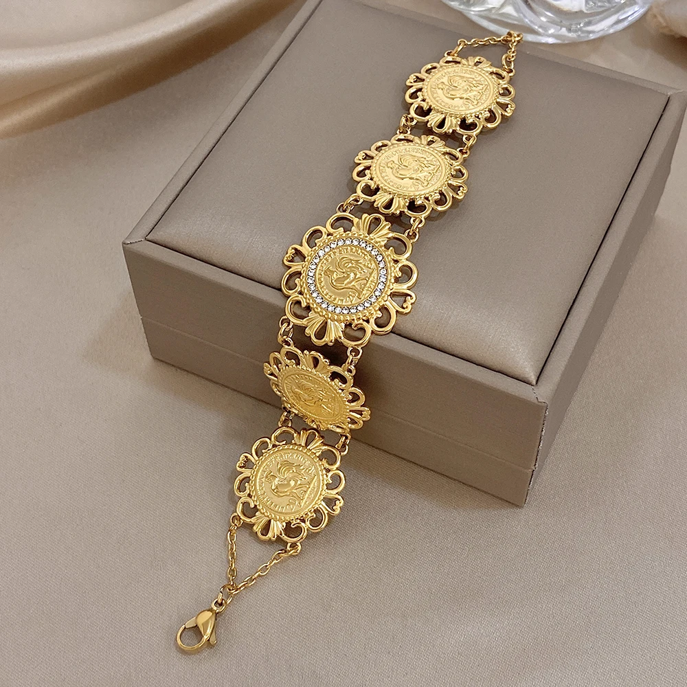 Greatera Niche Design Coin Shape Rooster Stainless Steel Bangle For Women Men Fashion Gold Color Hollow Out Simple Cool Bracelet