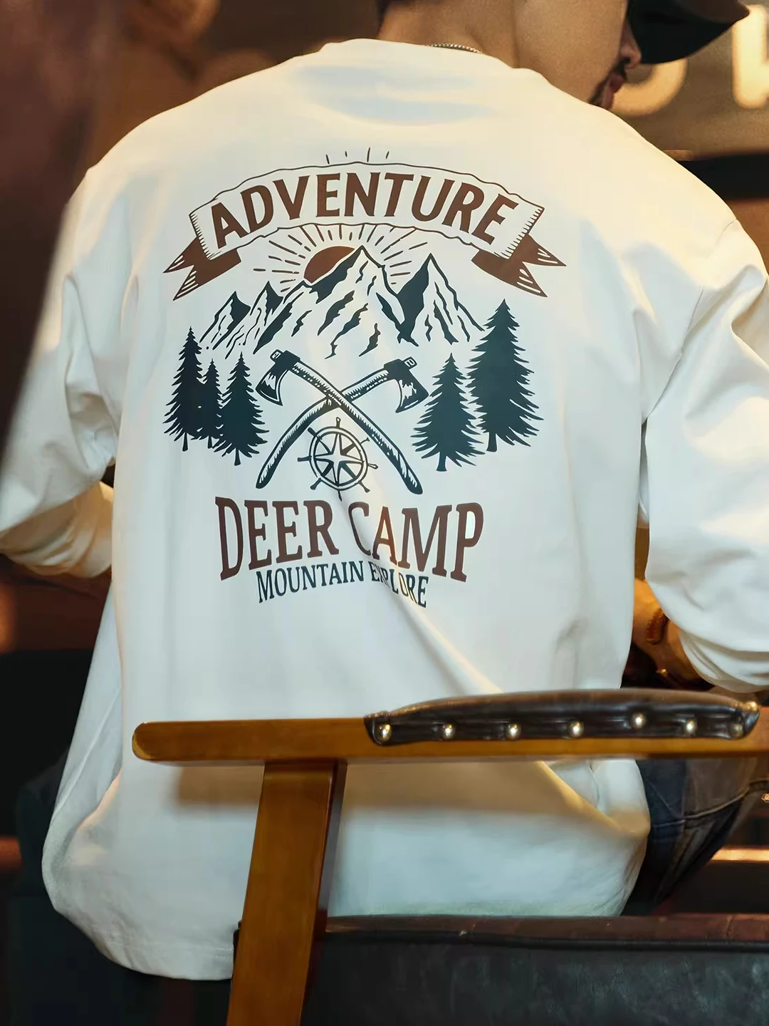 

Large Size White Heavyweight Pure Cotton Long Sve Men's T-irt Spring Autumn New Loose Versatile Mountain Print Base ir...