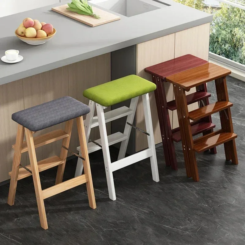 Bamboo White Step Stool Folding Home Ladder Lightweight 2-Step Design Portable Bar Stool Escalera Plegable for Kitchen