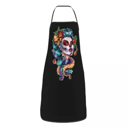 Flower Sugar Skull Tattoo Aprons for Men Women Day Of The Dead Adult Kitchen Chef Bib Tablier Cuisine Cooking Baking Gardening