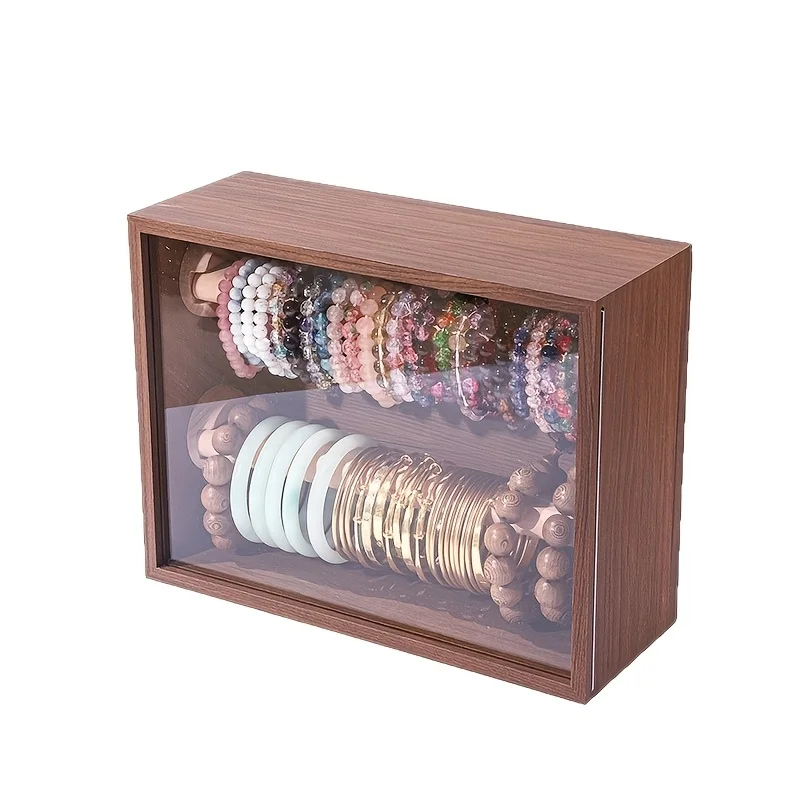Bracelet Organizer Walnut Color Double Layer Wood Jewelry Display Box Dustproof Desktop Holder For Bangle Beaded Chain Crystal