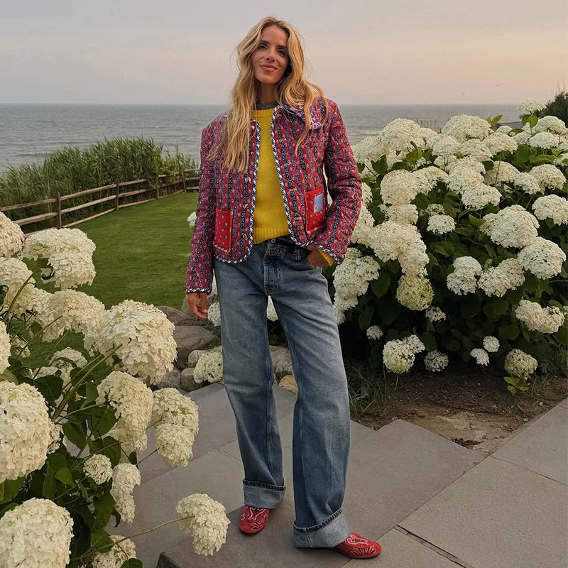 Reversible Jacket Retro Print Color Block Coat Woman Lapel Collar Top Striped Patch Pocket Outerwear Winter Autumn Clothes