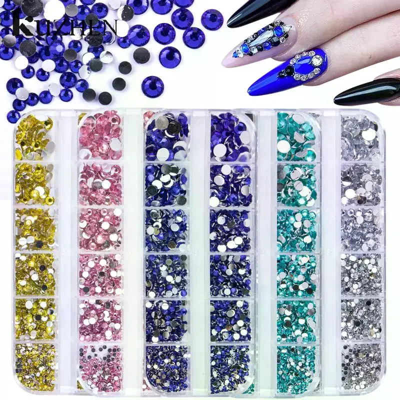 Boîte de 12 grilles pour Nail Art, mélange de perles en strass, cristal AB, bijoux à dos plat, gemmes avec organisateur de rangement pour Nail Art multicolore